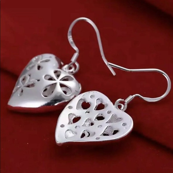 Sterling Silver Filgree Heart Dangle Earrings - Picture 2 of 4